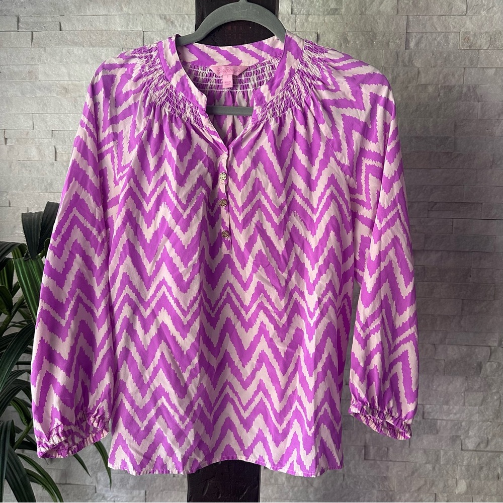 Lilly Pulitzer Orchid Purple Get Your Chev On Silk “Elsa” Blouse Size S